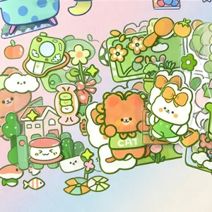 Detailed view of colorful PET stickers with cute bear and bunny illustrations for DIY