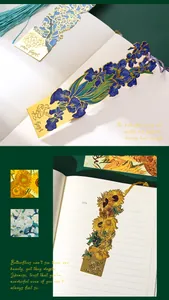 Detailed view of vintage gold-plated metal bookmarks with Van Gogh iris and sunflower designs