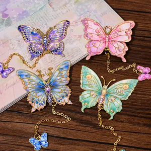 Exquisite metal butterfly bookmarks with colorful enamel patterns and chain pendants