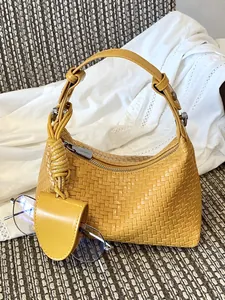 Women Woven PU Leather Dumpling Bag Fashion Solid Color Shoulder Bag With Mini Pouch Pendant Braided Hobo Bag For Summer Daily Commute