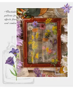 Detailed view of vintage transparent floral stickers applied on glass test tubes