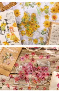 Detailed view of translucent floral stickers with vintage bottle outlines for journaling