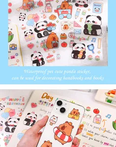 Detailed view of cute panda and capybara waterproof PET stickers applied on a phone case