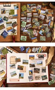 Close-up of vintage Van Gogh oil painting stickers displayed on a notebook and board.