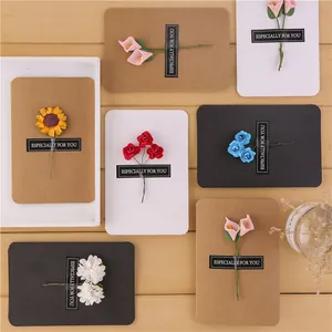 Handmade vintage kraft greeting cards with 3D artificial flowers for DIY gift message decoration