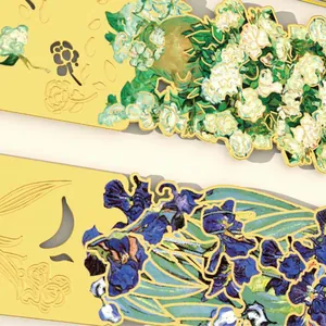 Vintage gold metal hollow-out bookmarks featuring Van Gogh style floral oil painting
