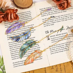 Set of creative metal feather bookmarks with delicate chains on an open vintage book