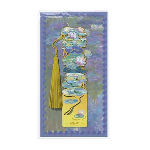 Vintage art metal bookmark featuring Monet Water Lilies oil painting with yellow tassel