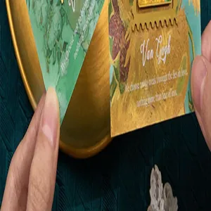 Detailed macro shot of vintage metal bookmark featuring Van Gogh oil painting art