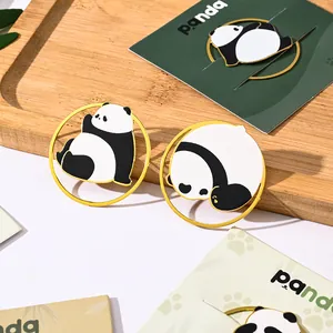 Set of cute panda metal bookmarks with golden circular frames for stationery gifts