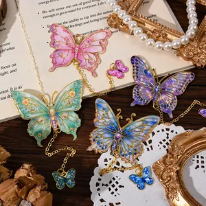 Vintage Hollow Metal Butterfly Bookmark With Pendant Chain Exquisite Enamel Craft Floral Pattern For Students Gift Office Reading Accessories