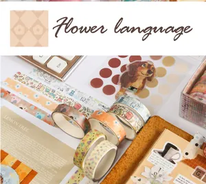 Close-up of cute cartoon washi tapes and decorative stickers for DIY scrapbooking