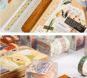 Detailed close-up showing cute cartoon washi tape applied on a creative DIY scrapbook page