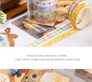 Detailed view of cute cartoon washi tape rolls used for DIY journal decoration.