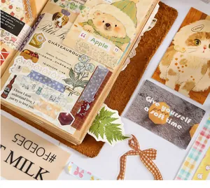 Detailed macro view of cute washi tape and stickers applied in a decorative DIY scrapbook.