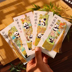Premium set of 4 cute panda metal bookmarks with golden tassels for student gifts