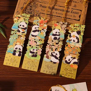 Set of four cute panda metal bookmarks with gold tassels and colorful enamel designs