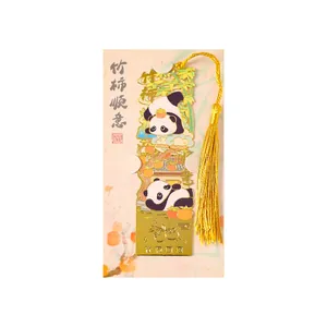 Creative golden panda metal bookmark with silk tassel and bamboo persimmon design