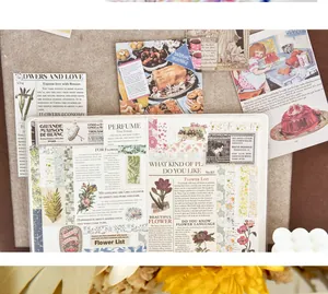 Detailed close-up view of romantic floral washi tape stickers and hand account collage work