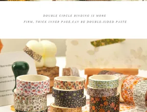 Detailed view of vintage floral pattern washi tapes for DIY scrapbooking and art crafts.