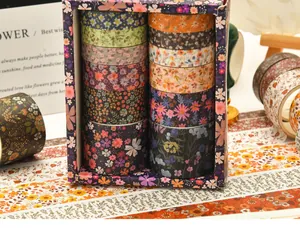 Detailed view of vintage floral washi tape set in a decorative box for DIY crafts