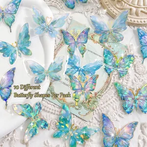 Laser gold butterfly PET stickers set featuring 10 unique iridescent designs for scrapbooking deco