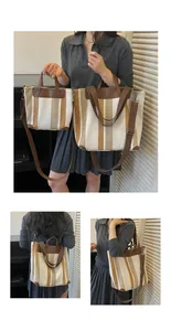 Vues détaillées du sac cabas en toile rayée en deux tailles avec bandoulière réglable.