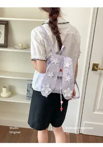 Sac à dos en toile violet doux de style preppy avec oreilles de lapin et étoiles