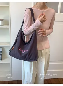Large capacity charcoal grey canvas shoulder bag with pink 'Cats love' print