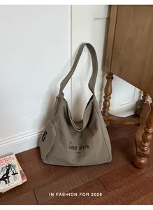 Casual large capacity canvas tote bag in taupe with 'Cats lovie' embroidery detail