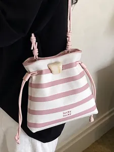 Modische pink-weiß gestreifte Beuteltasche für Damen mit Kordelzug und lucky lucky Print
