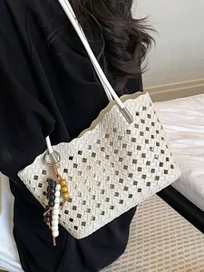 Dames Holle Geweven Tote Tas PU Leer Handtas Grote Capaciteit Casual Strand Vakantie Schoudertas Met Kralen Hanger