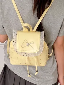 Sweet Korean Style PU Leather Polka Dot Backpack For Women Lace Trim Girly Style Small Backpack With Bowknot Daily School Bag