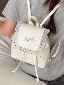 Cute sweet style white lace backpack with red polka dots and metal bow decoration