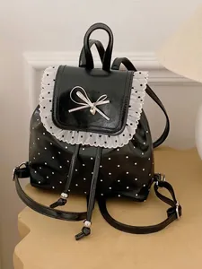 Cute sweet style black polka dot backpack with lace trim and bow decoration for women