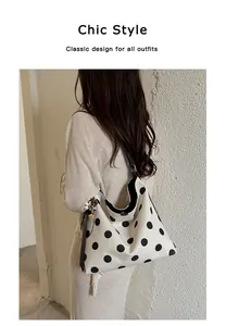 Elegante bolso tote de lona con estampado de lunares negros y gran capacidad para hombro