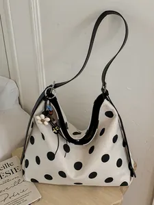 Bolso tote grande de lona con lunares negros y elegantes correas de hombro