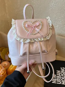 Vintage-Mini-Rucksack für Damen in Rosa mit Spitzenbesatz und Perlenherz-Verzierung