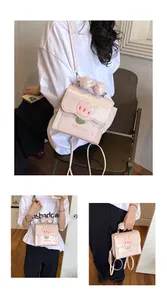 Vues détaillées d'un petit sac à dos rose avec broderie tulipe et poignée à nœud mignon.