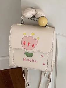 Petit sac à dos femme blanc crème élégant avec broderie tulipe rose et poignée nœud mignonne
