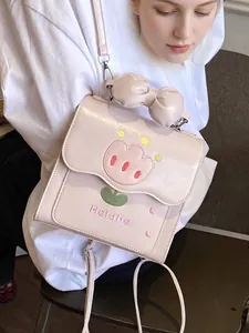 Sac à dos mignon rose clair avec broderie tulipe cartoon et grande poignée à nœud chic