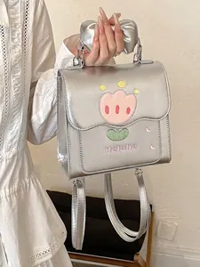 Sac à dos argenté métallisé avec broderie de tulipe mignonne et poignée à nœud