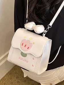 Sac à dos blanc élégant pour femme avec tulipe brodée et nœud papillon décoratif