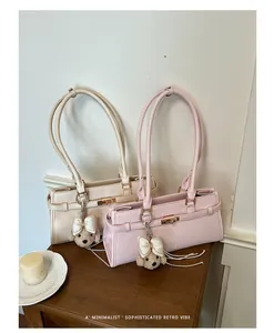 Minimalist Korean style underarm tote bags in pink and cream with cute bear charms.