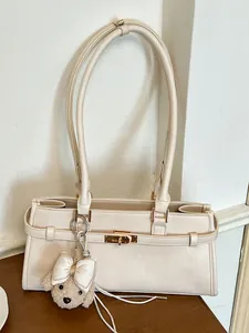 Minimalist cream white large capacity underarm tote bag for women with cute bear charm
