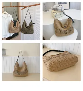 Vues détaillées montrant la texture ajourée et la sangle noire d'un grand sac de plage.
