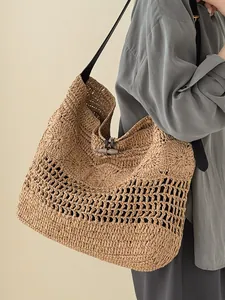 Sac Fourre-tout en Paille Tissé Ajouré pour Femme Grande Capacité Sac à Bandoulière de Plage Tissé à la Main Mode Été