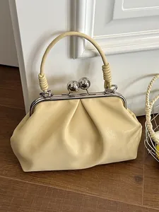 Women High Quality Pleated Shell Bag Vintage Ruched Cloud Handbag Fashion Crossbody Bag With Metallic Kiss Lock PU Leather Purse