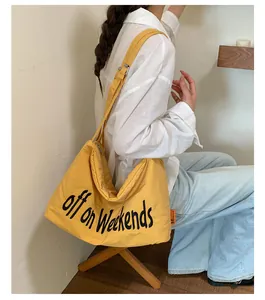 Large capacity yellow nylon tote bag with off on weekends print for casual daily use