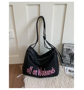 Casual large capacity black nylon crossbody bag with pink off on Weekends embroidery